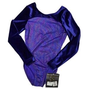 GK Elite VTG Purple Rainbow Pixelated LS Velvet Sleeves Scoop Leotard AM Adult M